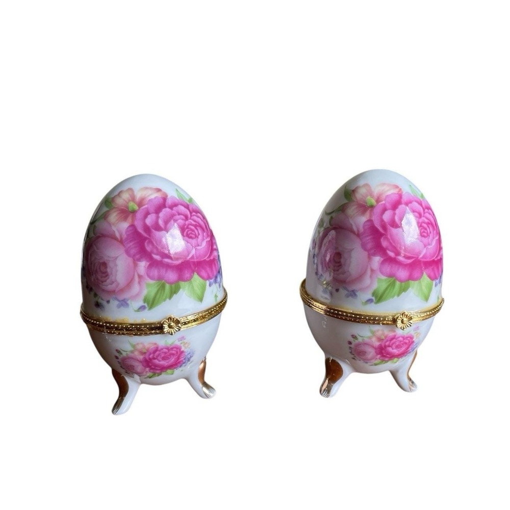 Pink‎ Rose Porcelain Egg Shape Trinket Box Footed Hinged Lid in Original Box